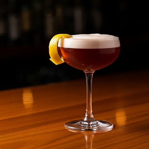 Amaro Sour cocktail made with whiskey, served in a coupe