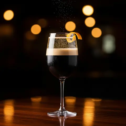 Black Velvet cocktail made with champagne, served in a wine glass