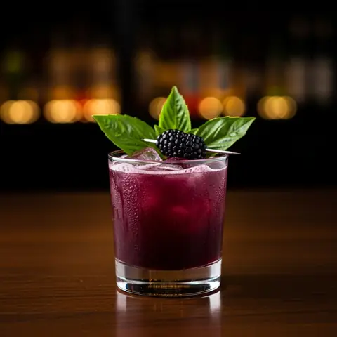 Blackberry Basil Smash cocktail made with none, served in a rocks glass
