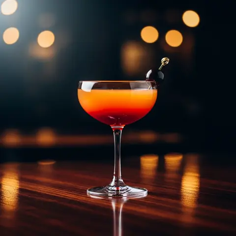 Blood and Sand cocktail made with whiskey, served in a coupe