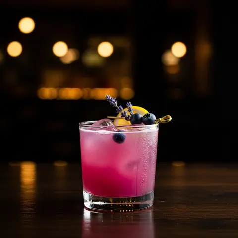 Blueberry Lavender Lemonade cocktail made with none, served in a collins glass