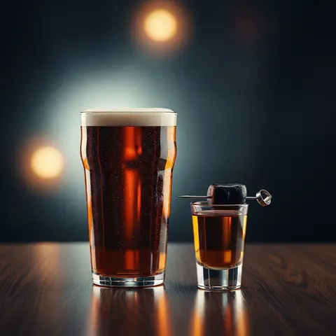 Boilermaker cocktail made with whiskey, served in a pint glass and shot glass