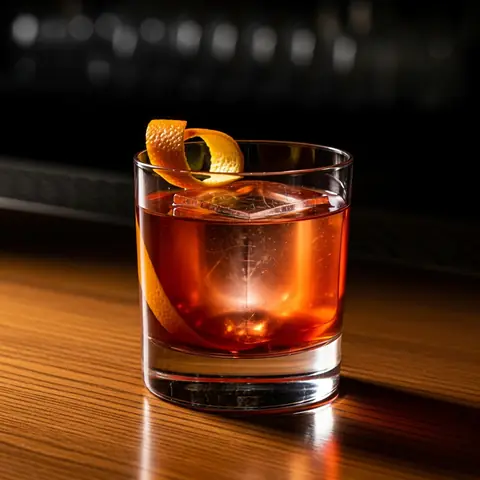 Boulevardier cocktail made with whiskey, served in a rocks glass