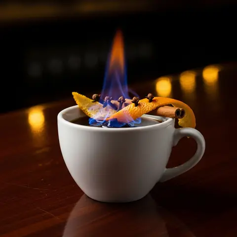 Café Brûlot cocktail made with brandy, served in a coffee cup