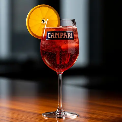 Campari Spritz cocktail made with wine, served in a wine glass