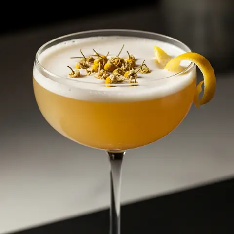 Chamomile Honey Fizz cocktail made with none, served in a coupe glass