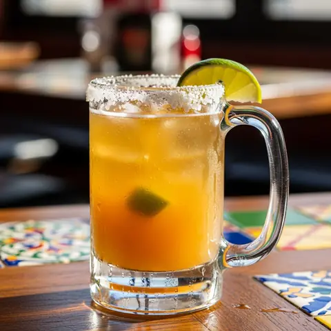 Chelada cocktail made with beer, served in a chilled mug