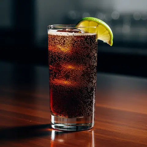 Cuba Libre cocktail made with rum, served in a highball glass