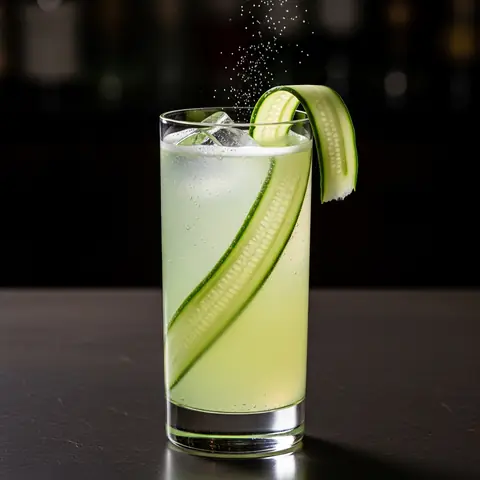 Cucumber Elderflower Fizz cocktail made with none, served in a collins glass
