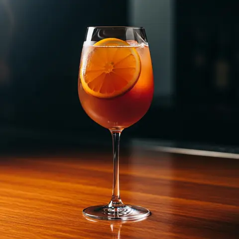 Cynar Spritz cocktail made with wine, served in a wine glass