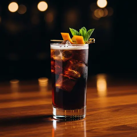 Fernet and Coke cocktail made with other, served in a highball glass