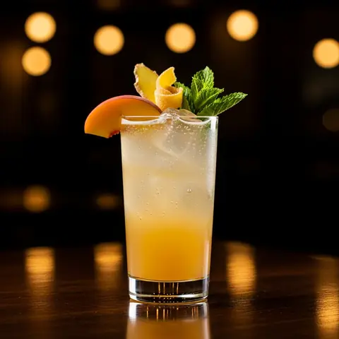 Ginger Peach Fizz cocktail made with none, served in a highball glass