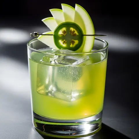 Green Apple Jalapeño Cooler cocktail made with none, served in a rocks glass