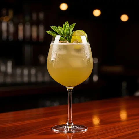 Hugo Spritz cocktail made with champagne, served in a wine glass