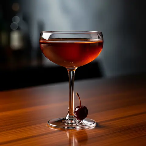 Manhattan cocktail made with whiskey, served in a coupe