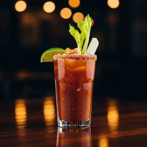 Michelada cocktail made with beer, served in a highball glass