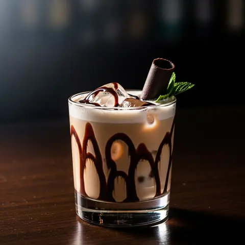 Mudslide cocktail made with vodka, served in a rocks glass