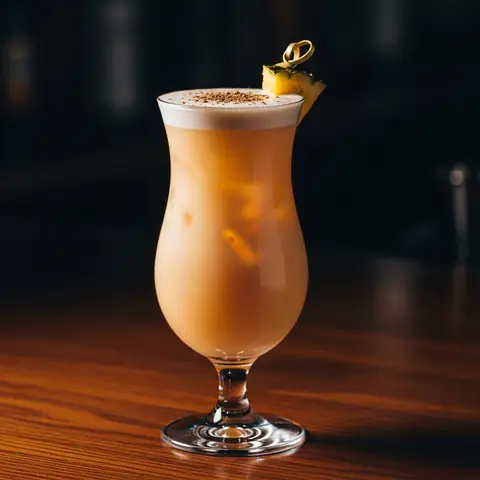 Painkiller cocktail made with rum, served in a hurricane glass