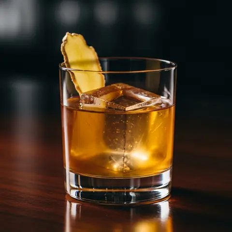 Penicillin cocktail made with whiskey, served in a rocks glass