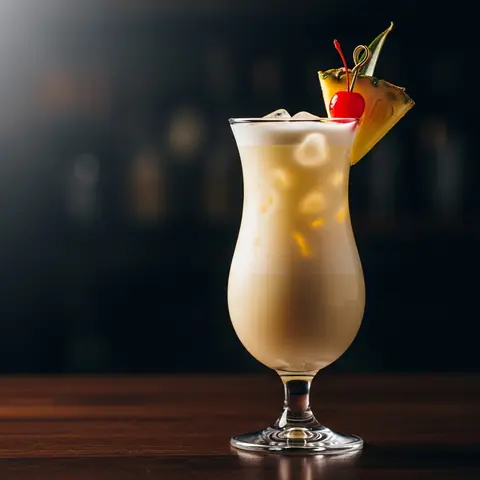 Pina Colada cocktail made with rum, served in a hurricane glass