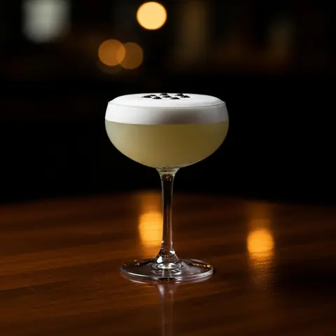 Pisco Sour cocktail made with brandy, served in a coupe