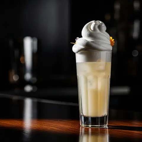 Ramos Gin Fizz cocktail made with gin, served in a highball glass