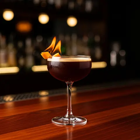 Revolver cocktail made with whiskey, served in a coupe