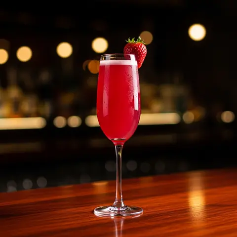 Rossini cocktail made with champagne, served in a champagne flute