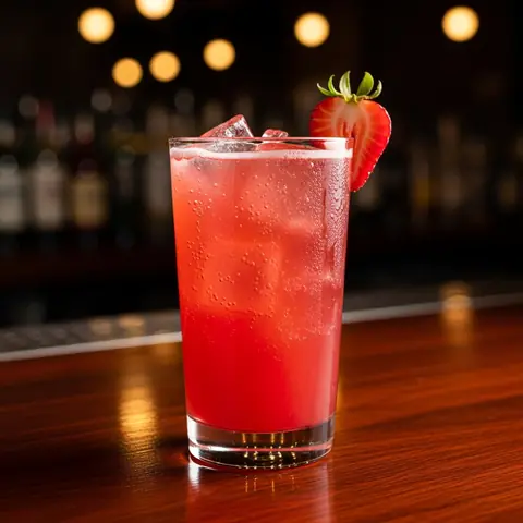 Strawberry Rhubarb Shrub Fizz cocktail made with none, served in a highball glass