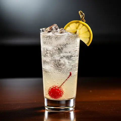 Tom Collins cocktail made with gin, served in a collins glass