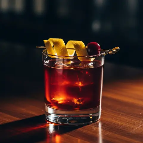 Vieux Carré cocktail made with whiskey, served in a rocks glass