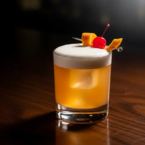 Whiskey Sour cocktail made with whiskey, served in a rocks glass